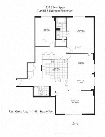 Floor plan for 3 beds, 2 baths